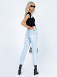 back view of model wearing Princess Polly Organic Cotton Blend Colmar Skinny Leg Denim Jeans Mid Rise 