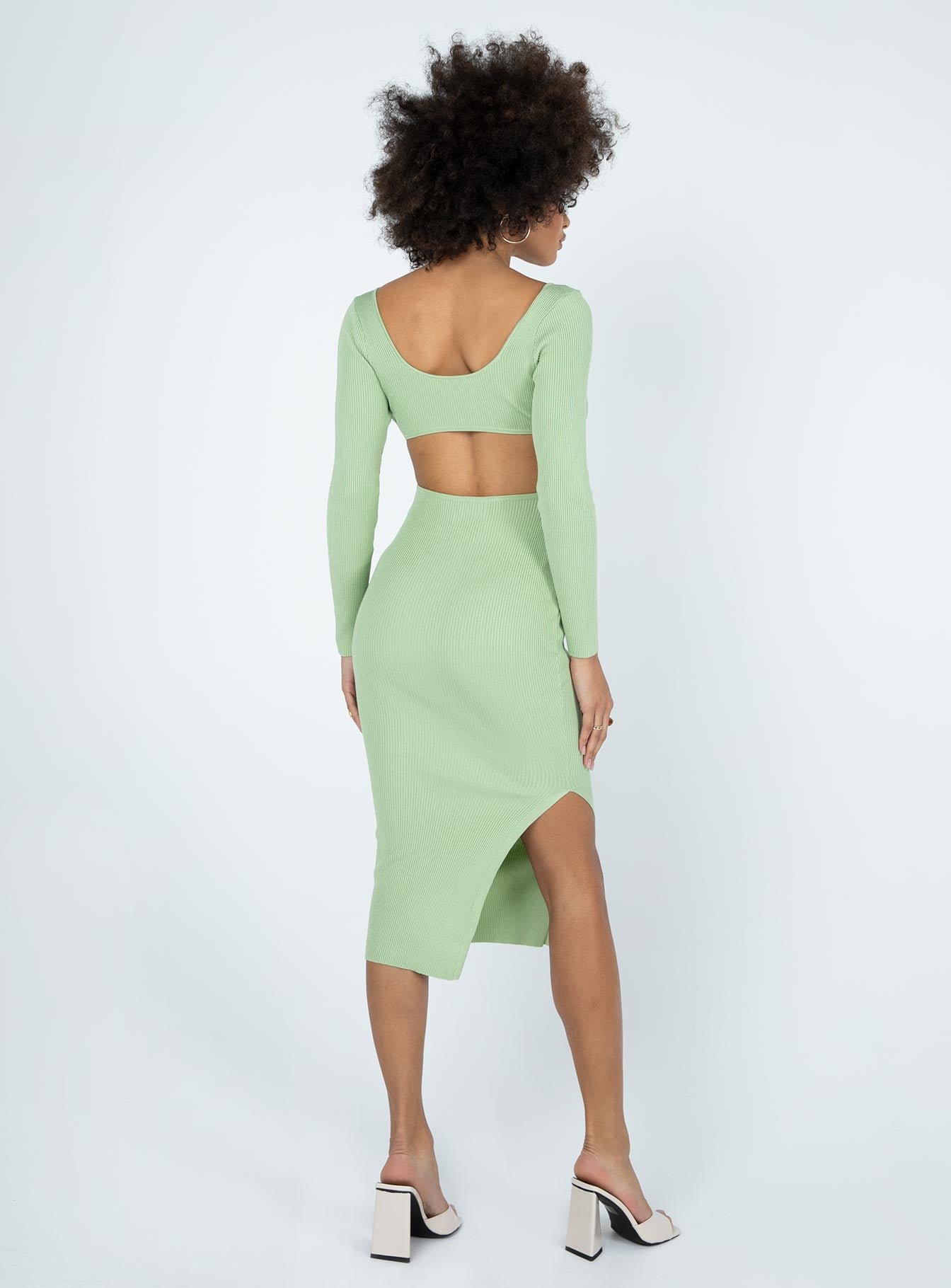back view of model wearing Princess Polly Lucia Midi Dress Green 