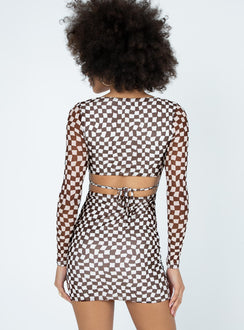 back view of model wearing Princess Polly Marcus Mini Dress Brown / White 
