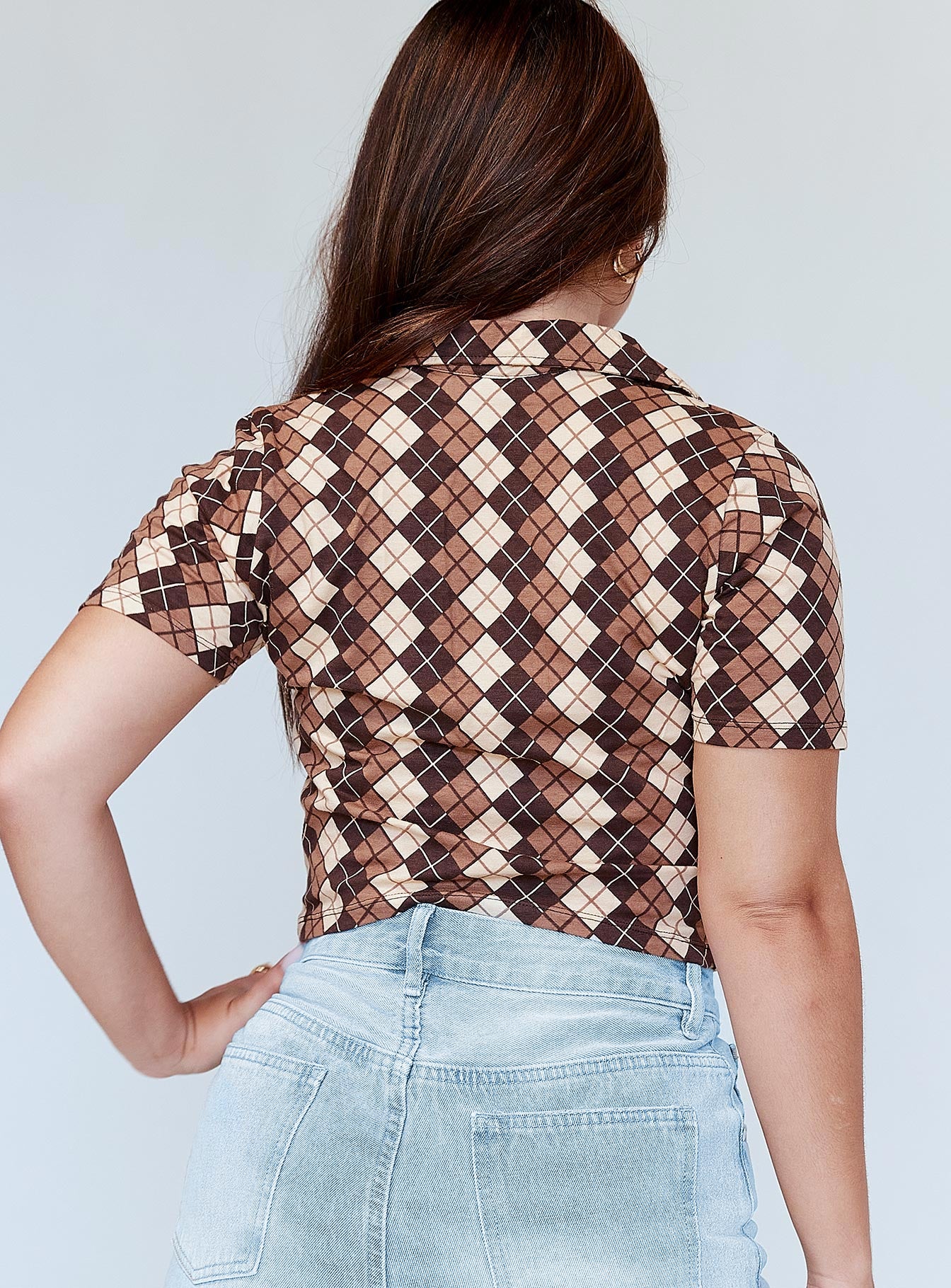 back view of model wearing Princess Polly Motel Rezel Shirt Argyle Brown 
