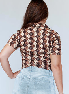 back view of model wearing Princess Polly Motel Rezel Shirt Argyle Brown 