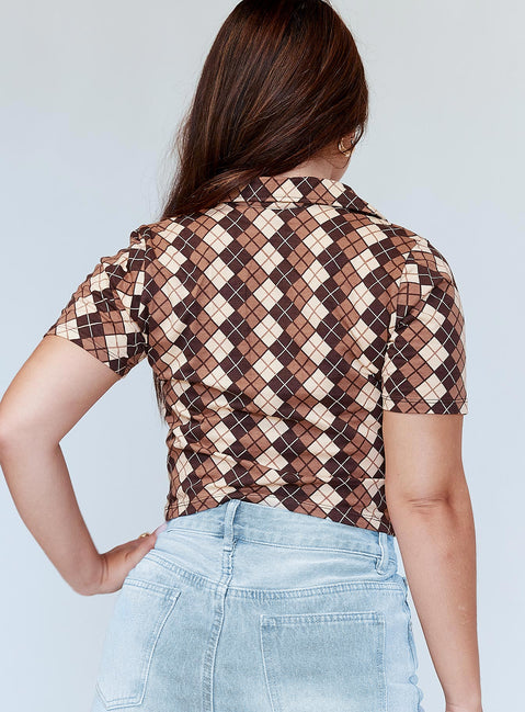 back view of model wearing Princess Polly Motel Rezel Shirt Argyle Brown 