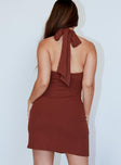 back view of model wearing Princess Polly Ohana Mini Dress Brown 