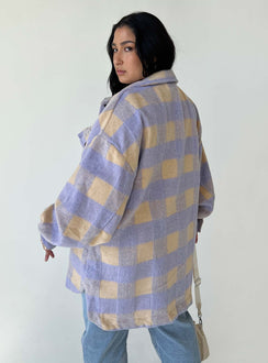 Oversized jacket Check print Button front fastening Classic collar Large chest pocket Scoop step hem Drop shoulder Unlined