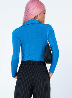back view of model wearing Princess Polly Elody Long Sleeve Bodysuit Blue Full Sleeves V-Neck 
