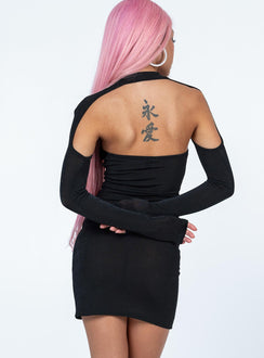 Front view of model wearing  front Princess Polly Asymmetric Neckline  Giovanni Mini Dress Black