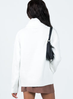 back view of model wearing Princess Polly Oswin Turtleneck Sweater White Long 