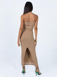 back view of model wearing Princess Polly Catherine Maxi Dress Brown 