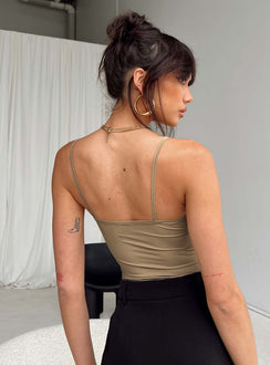 back view of model wearing Princess Polly Geary Bodysuit Beige Sleeveless Scoop Neck 