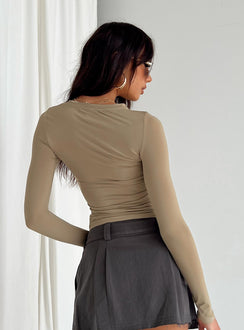 back view of model wearing Princess Polly Arnim Long Sleeve Top Latte Full Sleeves High Neck 
