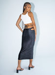   side view of model wearing Princess Polly Ava Tied Lurex Midi Skirt Black 