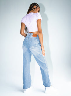 back view of model wearing Princess Polly Naomi Mid Rise Straight Leg Jeans Mid Wash Denim Mid Rise 