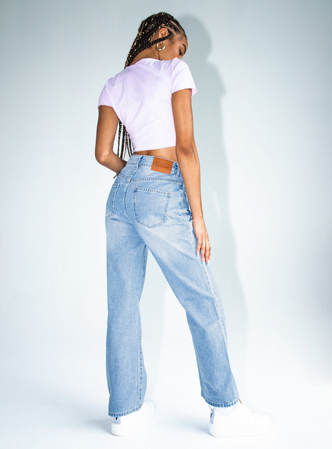 back view of model wearing Princess Polly Naomi Mid Rise Straight Leg Jeans Mid Wash Denim Mid Rise 