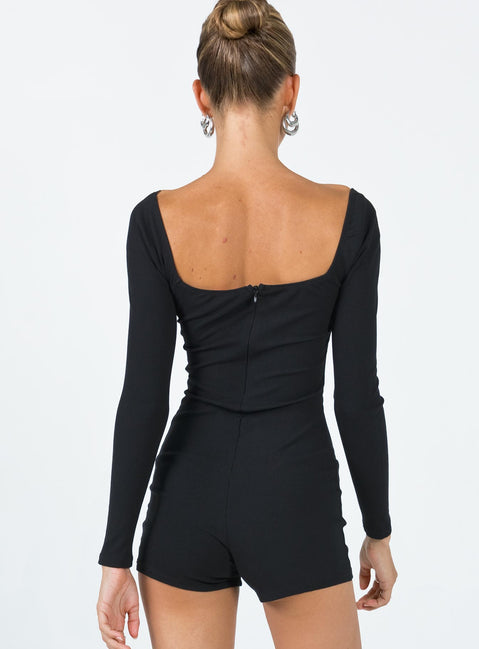 Long sleeve romper Ribbed material Square neckline Wired bust Invisible zip fastening at back Good stretch