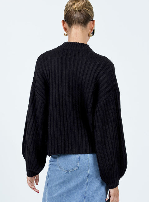 back view of model wearing Princess Polly Innerbloom Oversized Sweater Black Cropped 