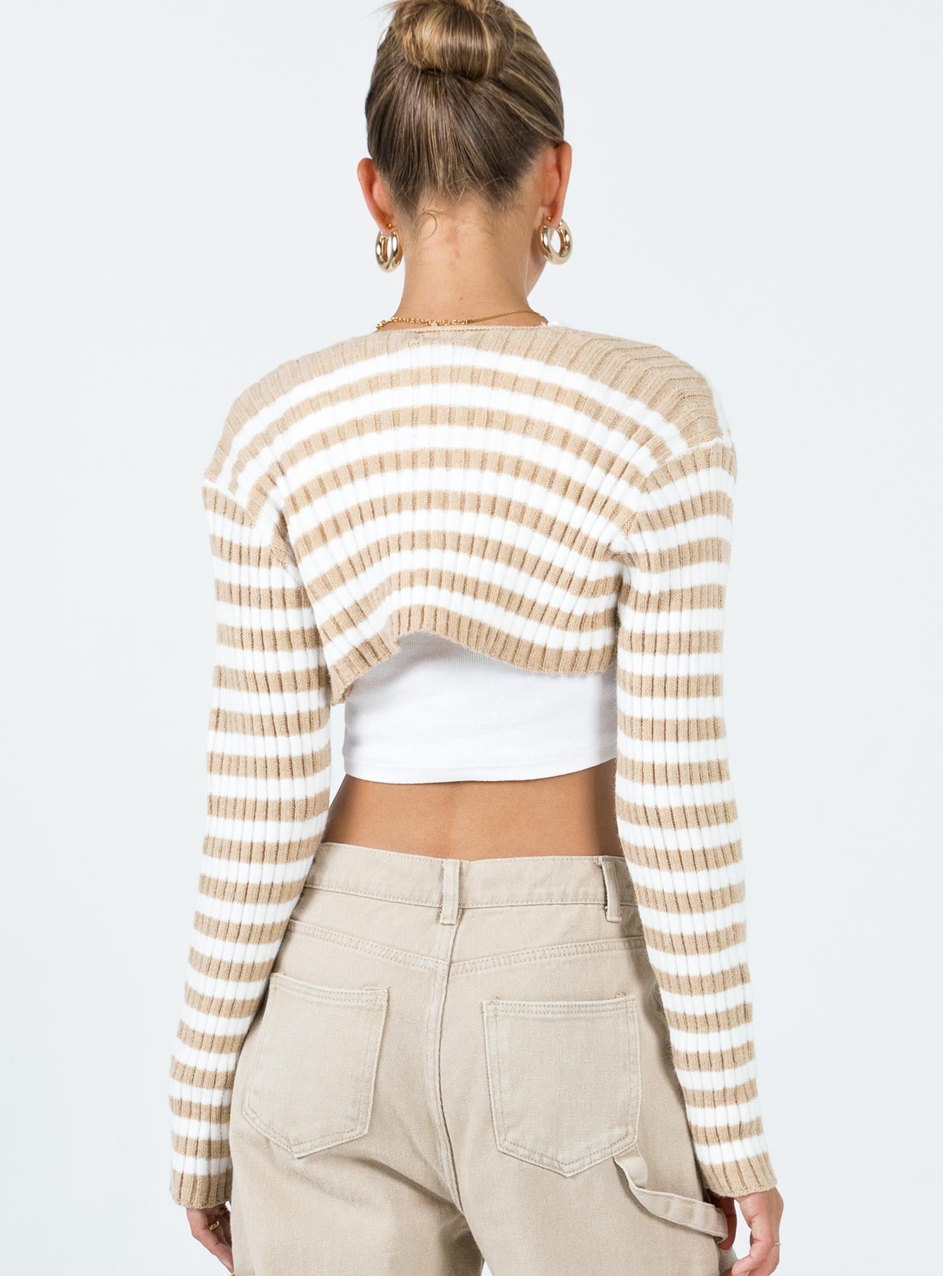 back view of model wearing Princess Polly Aytan Bolero Sweater Beige/White Cropped 