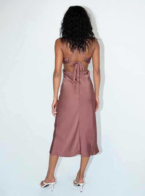back view of model wearing Princess Polly Kali Maxi Dress Brown 