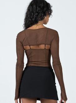 back view of model wearing Princess Polly Buena Bolero Bodysuit Chocolate Full Sleeves Square Neck 