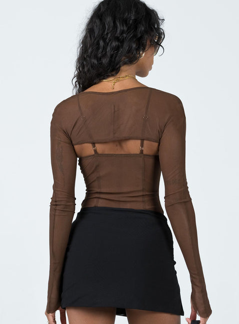 back view of model wearing Princess Polly Buena Bolero Bodysuit Chocolate Full Sleeves Square Neck 