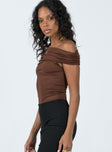 side view of model wearing Princess Polly Stocklin Off Shoulder Bodysuit Chocolate Short Sleeves straight 