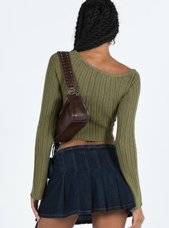 Front view of model wearing  front Princess Polly Full Sleeves Boat Neck  Santorini Knit Top Khaki