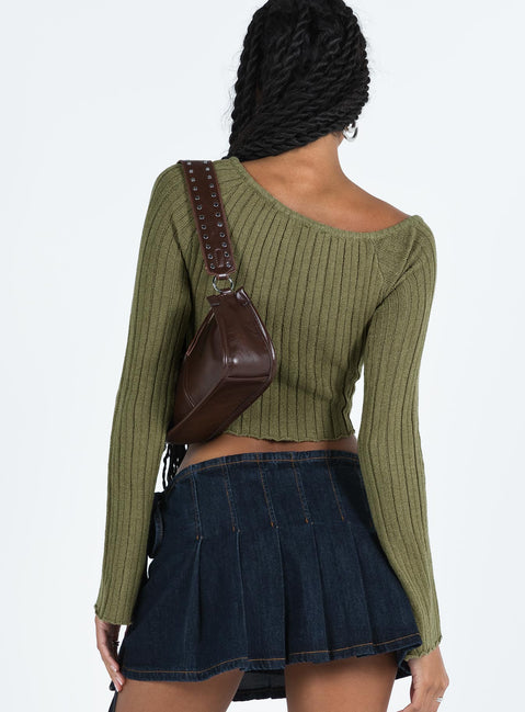 Front view of model wearing  front Princess Polly Full Sleeves Boat Neck  Santorini Knit Top Khaki
