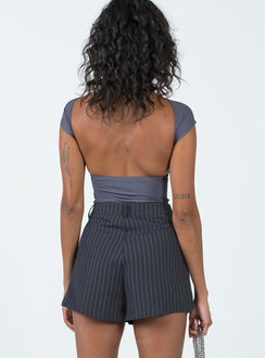 Shorts Pinstripe print Belt looped waist Zip & button fastening Twin hip pockets