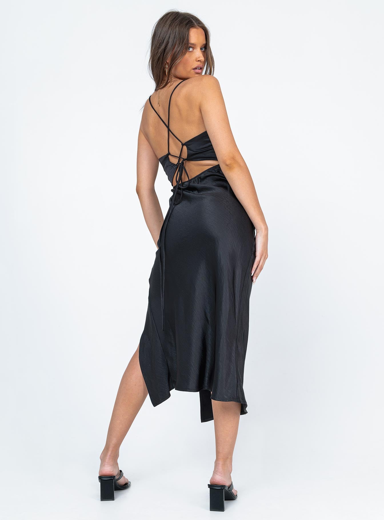 back view of model wearing Princess Polly Gigi Midi Dress Black 