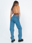 back view of model wearing Princess Polly Holly Asymmetric Straight Leg Jean Mid Wash Denim Mid Rise 