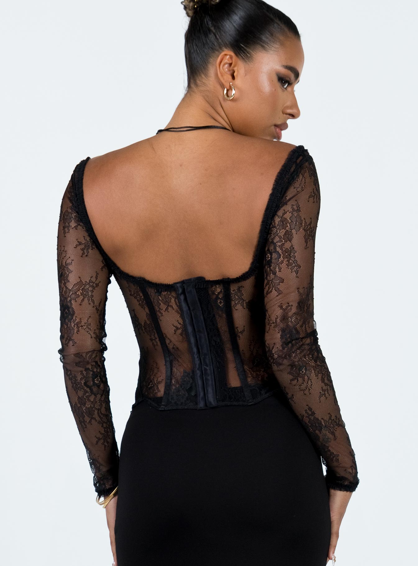 Front view of model wearing  front Princess Polly Full Sleeves Square Neck  Some Like It Hot Long Sleeve Lace Corset Black