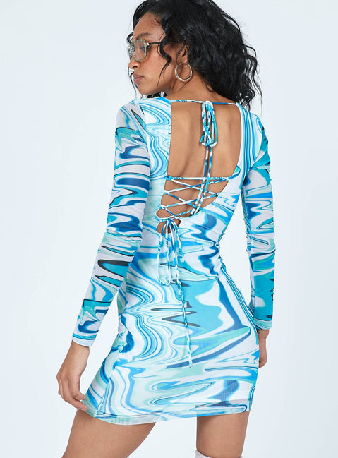 back view of model wearing Princess Polly Beckett Long Sleeve Mini Dress Blue 