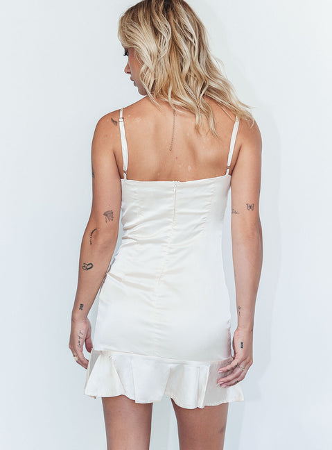 back view of model wearing Princess Polly Kiribati Mini Dress Champagne Satin 