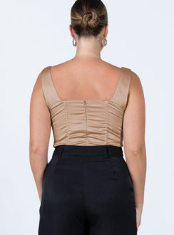 back view of model wearing Princess Polly Ximena Bodysuit Beige Sleeveless Square Neck 