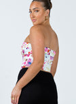 Strapless bustier Floral print Folded neckline Boning through front Zip fastening at back Curved hem 