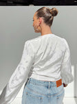 back view of model wearing Princess Polly Traylen Long Sleeve Top White Full Sleeves Plunger 