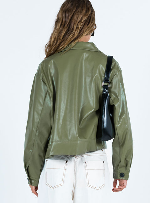 Green jacket Faux leather jacket Pointed collar Button fastening at front Twin hip pockets Single button cuff