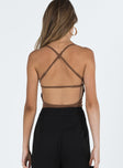 back view of model wearing Princess Polly Stasey Bodysuit Brown Sleeveless Cowl 