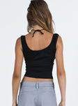 Black crop top Fixed shoulder straps Scooped neckline Good stretch