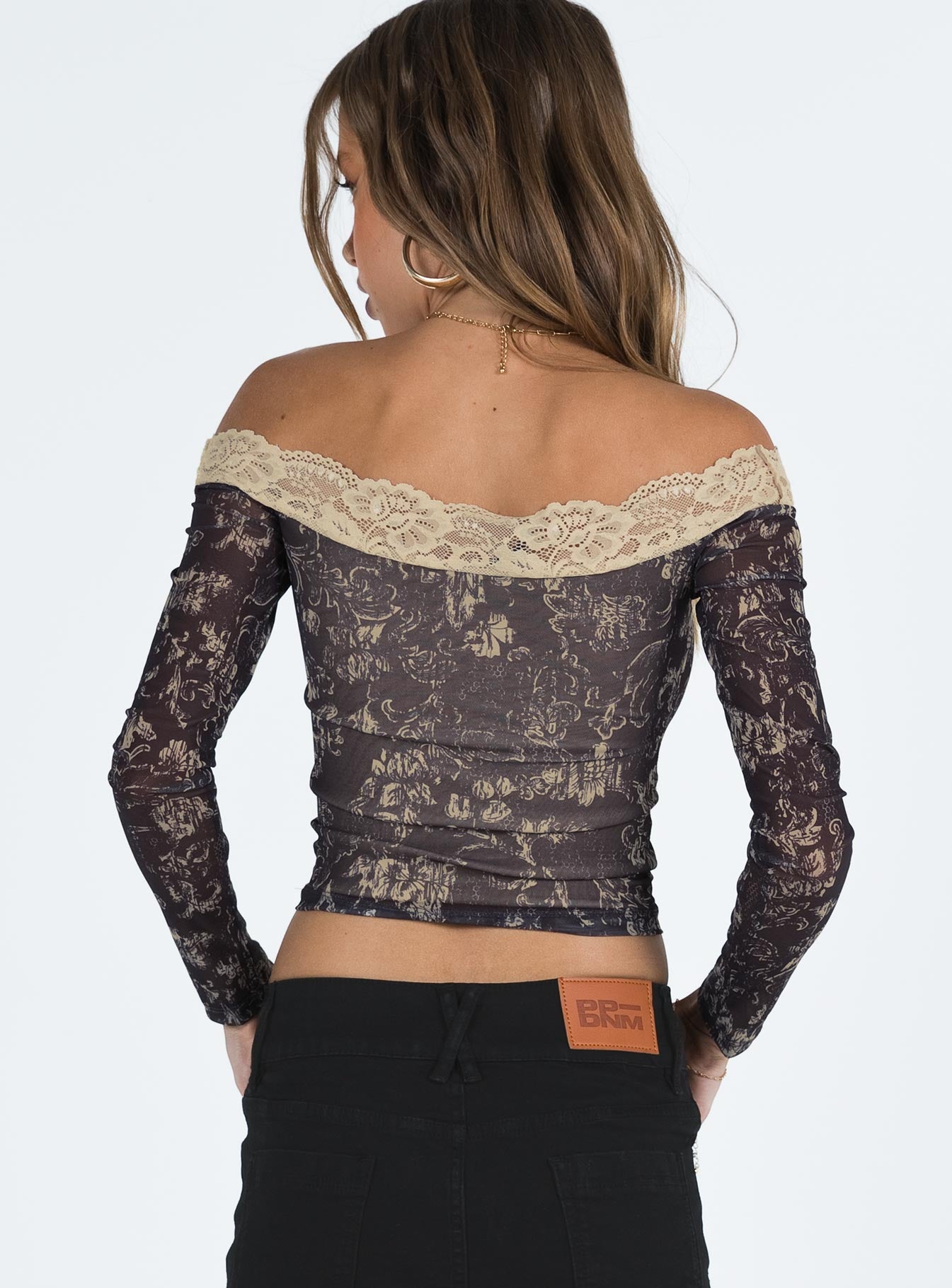 product Princess Polly Full Sleeves Square Neck  Motel Nagita Top Batik Botanical Dark Brown