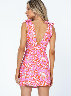 back view of model wearing Princess Polly Island Time Mini Dress Pink Multi Plunger 