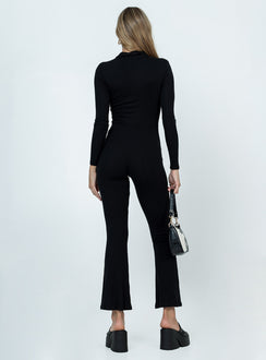 Black long sleeve jumpsuit Classic collar  Button front fastening 