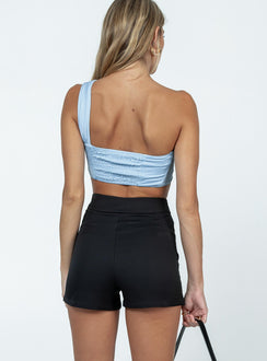 Black shorts High waisted  Wide waistband  Twin hip pockets Invisible zip fastening at side 