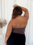 back view of model wearing Princess Polly Aston Strapless Bodysuit Brown Curve Sleeveless Sweetheart 