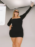 front view of model wearing Princess Polly Nolan Mini Dress Black Curve Square Neck 