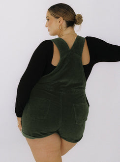 Green overalls 100% cotton Cord material Button sides Multiple pockets Fixed rolled hem Adjustable straps