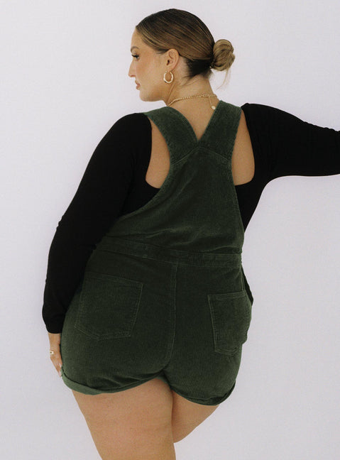 Green overalls 100% cotton Cord material Button sides Multiple pockets Fixed rolled hem Adjustable straps