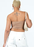 Beige strapless top Mesh material Inner silicone strip at bust Adjustable ruching at side Asymmetrical pointed hem