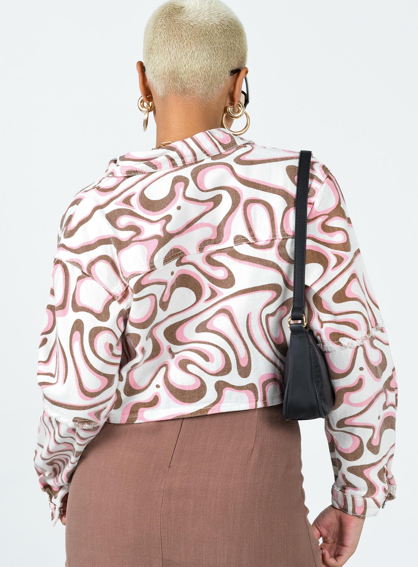 Denim jacket  Cropped fit Princess Polly Exclusive 100% cotton  Printed design  Classic collar  Button front fastening  Twin check pockets  Single-button cuff  Distressed details throughout 