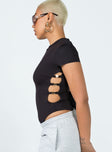 side view of model wearing Princess Polly Riverstone Bodysuit Black Short Sleeves High Neck 