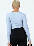 back view of model wearing Princess Polly Kasta Top Blue Full Sleeves Boat Neck 